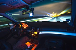 view of road from the front seat of a car