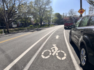 Regular Bike Lane on Ellison Avenue marked off by white lines to the left of parked cars