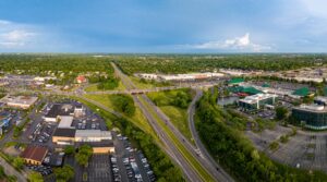 Aerial view of the Nicholasville Road and New Circle Road interchange. The Mall at Lexington Green also below.